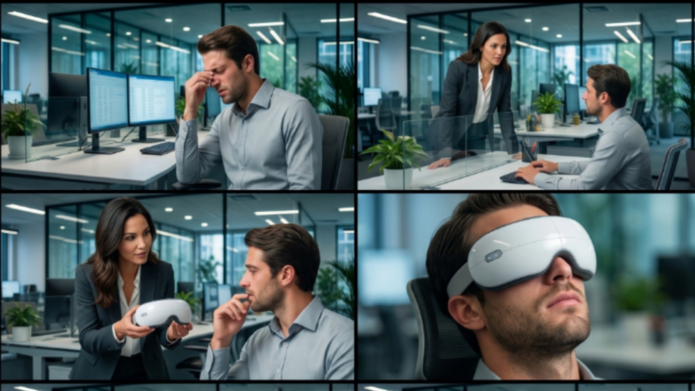 Person at desk with tired eyes from screen fatigue